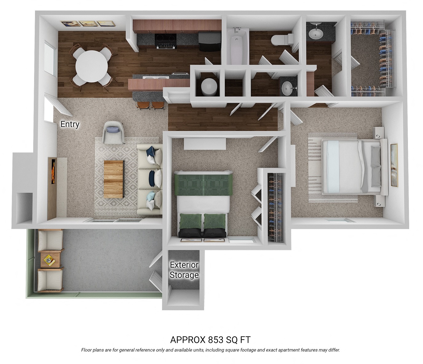 Floor plan for 2 beds, 1 bath, 853 sqft